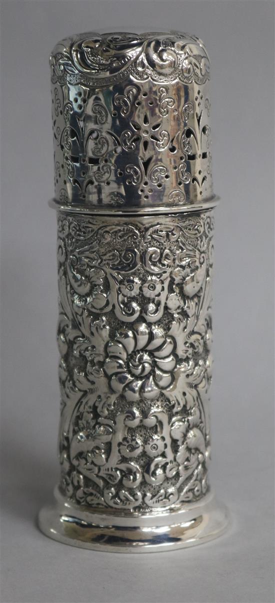 An Edwardian embossed silver lighthouse sugar caster, Nathan & Hayes, Chester, 1902, 13.5cm.